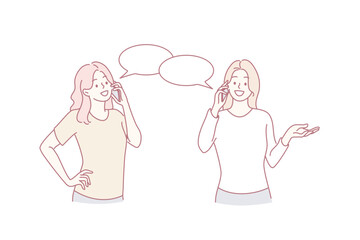 Phone talk, communication, chatting concept. Two young positive women friends having conversation cellphone dialog chatting about things vector illustration