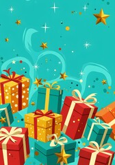 Festive holiday gifts piled high with sparkling stars and ribbons, perfect for celebrations