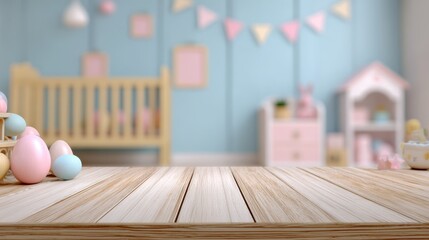 Empty wooden table with blurred baby nursery room background - product display mockup for baby items