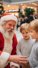 Obraz premium Girl and Santa Claus reading Christmas book sitting near Christmas tree at home. Happy New Year