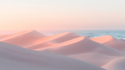 Serene Dunes Embracing Gentle Waves at Sunrise in Soft Pastel Hues