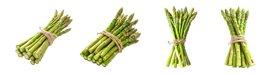 Set of fresh green asparagus spears bundled together isolated on transparent background, PNG format, cut out