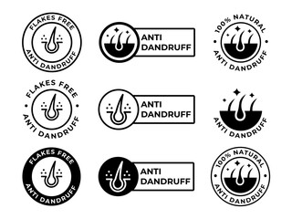 Antidandruff labels shampoo hair care vector signs, Collection of vintage style round and rectangular labels featuring anti dandruff hair care icons and text
