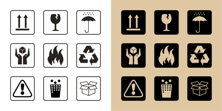 Cardboard packaging icon set, Collection of common shipping and handling symbols for fragile goods and package care instructions