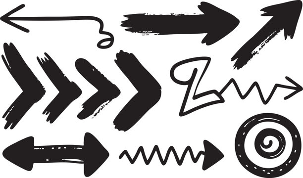 Collection of hand drawn black arrows and pointers isolated on white background