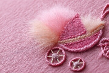 Hand embroidered baby carriage with floral decoration on pink felt fabric - handmade craft