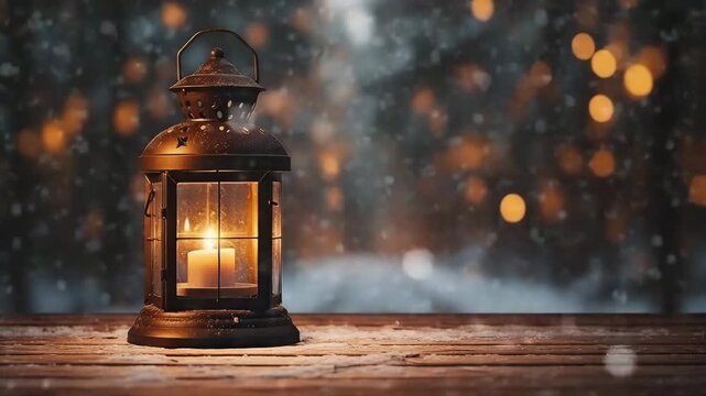 old lantern in the snow with bokeh christmas decoration 4k