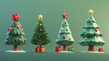 Festive Collection of Four Stylized Christmas Trees for Holiday Decor
