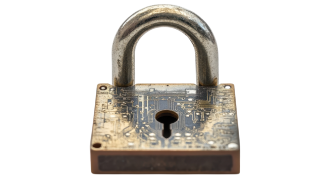 A uniquely designed lock with a circuit board pattern showcases technology's role in security
