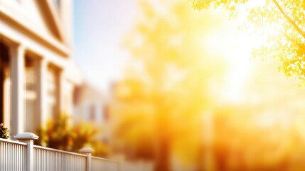 Warm sunlight filters through trees, illuminating a peaceful suburban neighborhood in the afternoon