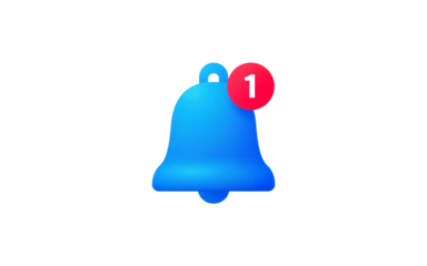 Blue notification bell with red badge isolated on transparent background