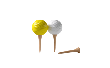 Two golf balls on wooden tees with one tee isolated on transparent background