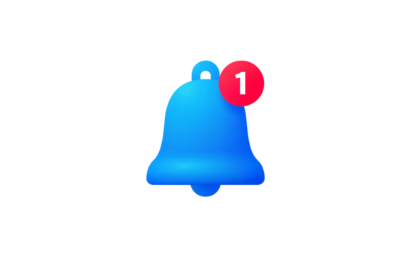 Blue notification bell with red badge isolated on transparent background