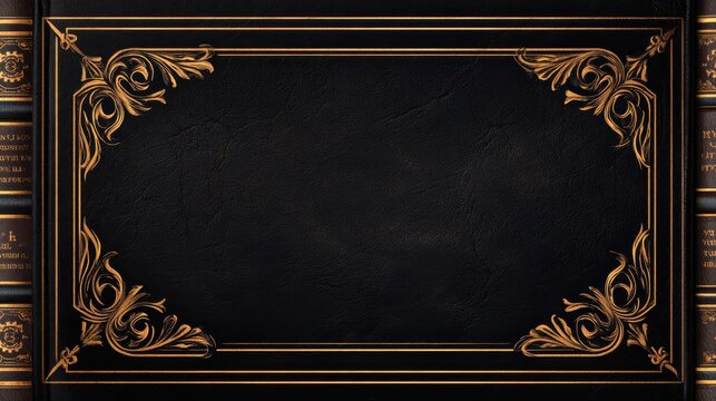 Ornate black leather book cover with intricate golden floral designs, showcasing a vintage aesthetic