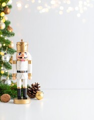 Painted wooden nutcracker in a white coat with Christmas decorations and soft bokeh lights on a bright festive background