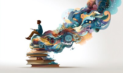 RAGAZZO SEDUTO SU UNA PILA DI LIBRI CON UN'ILLUSTRAZIONE DIGITALE ASTRATTA