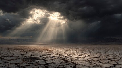 Dark clouds split by light over parched, cracked earth, barren landscape conveying desolation
