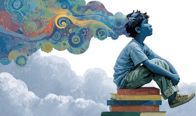 ILLUSTRAZIONE DIGITALE CONCETTUALE: BAMBINO SEDUTO SU LIBRI CON FLUSSO DI PENSIERI CREATIVI