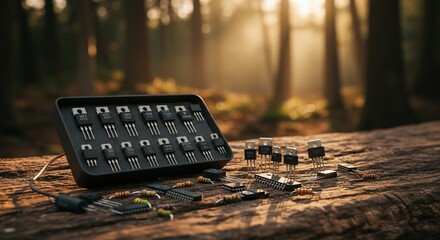 Electronic components on weathered wood, forest backdrop, transistors, resistors, and integrated circuits