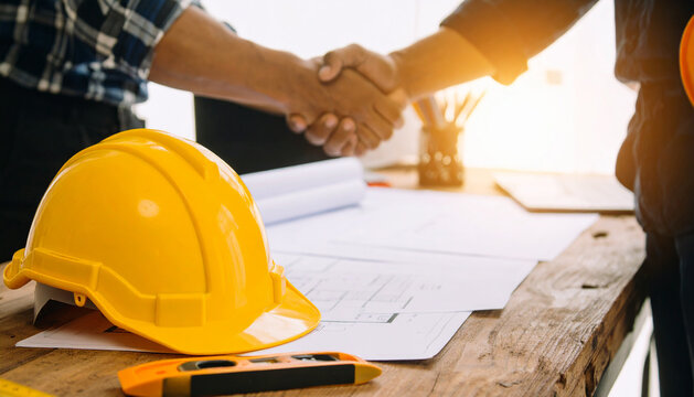 Experienced construction professionals shaking hands confirming a successful business partnership deal on site plans. vibrant