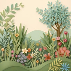 Beautiful layered papercraft garden illustration with colorful flowers, lush green plants, and a stylized tree, a serene spring landscape scene.