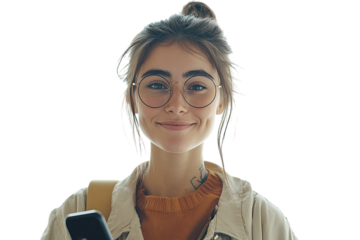 Smiling woman holds a phone, isolated with PNG transparent background, for mockups, graphic design, or social media.
