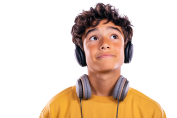 Boy in Yellow Shirt and Headphones Looks Up. Cutout PNG for Social Media.