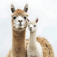 Obraz premium Two llamas, one adult and one juvenile, standing together against a soft, blurred background