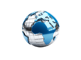 Chrome globe blue continents world map 3d render, Isolated On White Background, Png Transparent