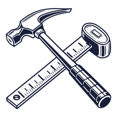 Illustration of a hammer and ruler, essential tools for construction, carpentry, and woodworking isolated on white background