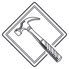 Illustration of a hammer inside a square frame, a tool for construction and carpentry isolated on white background