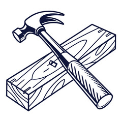 Illustration of a hammer resting on a piece of wood, isolated on white background, showcasing carpentry and construction
