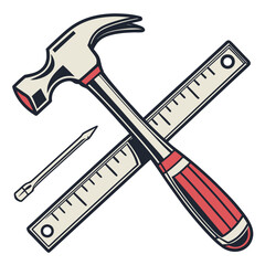 Illustration of a hammer, ruler, and nail, tools commonly used in construction and woodworking isolated on white background