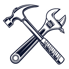 Vintage crossed hammer and adjustable wrench tool isolated on white background for repair or construction work