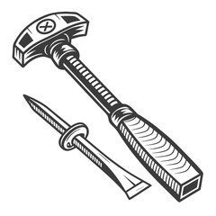 Vintage illustration of a hammer and chisel isolated on white background for carpentry and woodworking projects