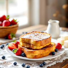 Stack of french toast with powdered sugar strawberries and blueberries on a white plate with a pitcher