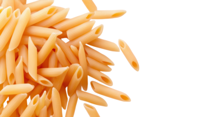 Delicious penne rigate pasta scattered on a clean white surface, highlighting its unique shape and texture