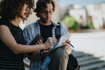 Students gathered in a schoolyard for collaborative discussions and note-sharing. The group showcases teamwork and academic exploration in a vibrant outdoor educational setting.
