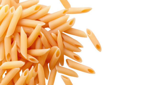 Delicious penne rigate pasta scattered on a clean white surface, highlighting its unique shape and texture
