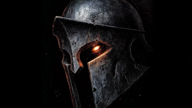 Ancient warrior helmet with glowing eye in dramatic dark fantasy style.