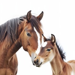 Obraz premium Close-up of a mare and her foal sharing a tender moment in a serene outdoor setting