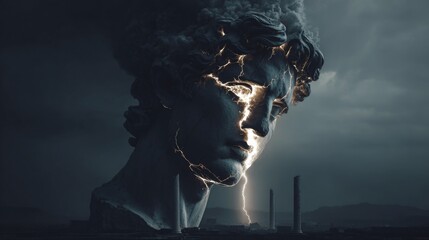 Cracked stone statue head with glowing lightning in dark dramatic landscape.