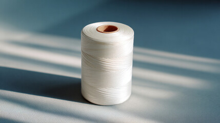 White sewing thread spool sits on a smooth surface, casting a soft shadow, showcasing its texture and fine details, ideal for crafting and sewing projects

