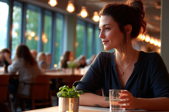 Young woman sitting in a cozy café at sunset, holding a glass of water. Warm ambient lights, relaxed mood, modern interior with large windows, candid and cinematic photography