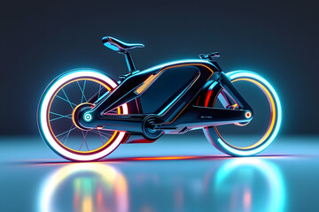 Futuristic Neon Electric Bike on Reflective Surface Urban Mobility