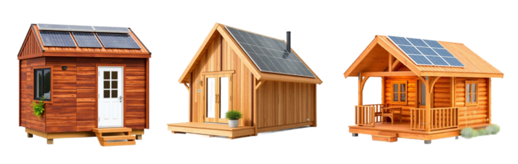 Three wooden tiny houses with solar panels on transparent background