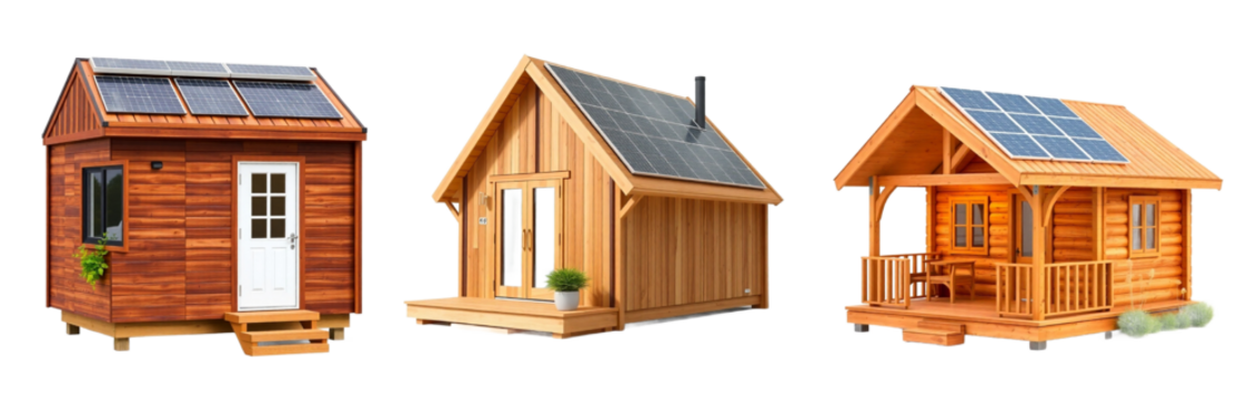 Three wooden tiny houses with solar panels on transparent background - Powered by Adobe