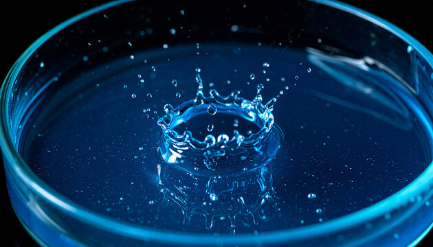 Droplet of blue liquid falling into glass petri dish, splash captured. Laboratory research.
