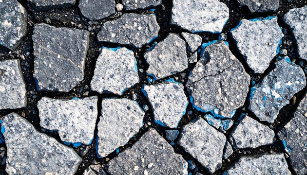 Abstract pavement of broken stone tiles with blue grout and rough texture