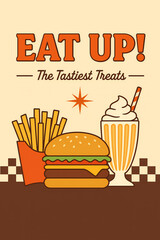 Retro Diner Vector Illustration with Burger, Fries, and Milkshake